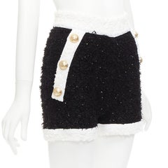 BALMAIN black white sequins tweed gold buttons zip high waisted shorts FR34 XS