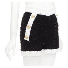BALMAIN black white sequins tweed gold buttons zip high waisted shorts FR34 XS