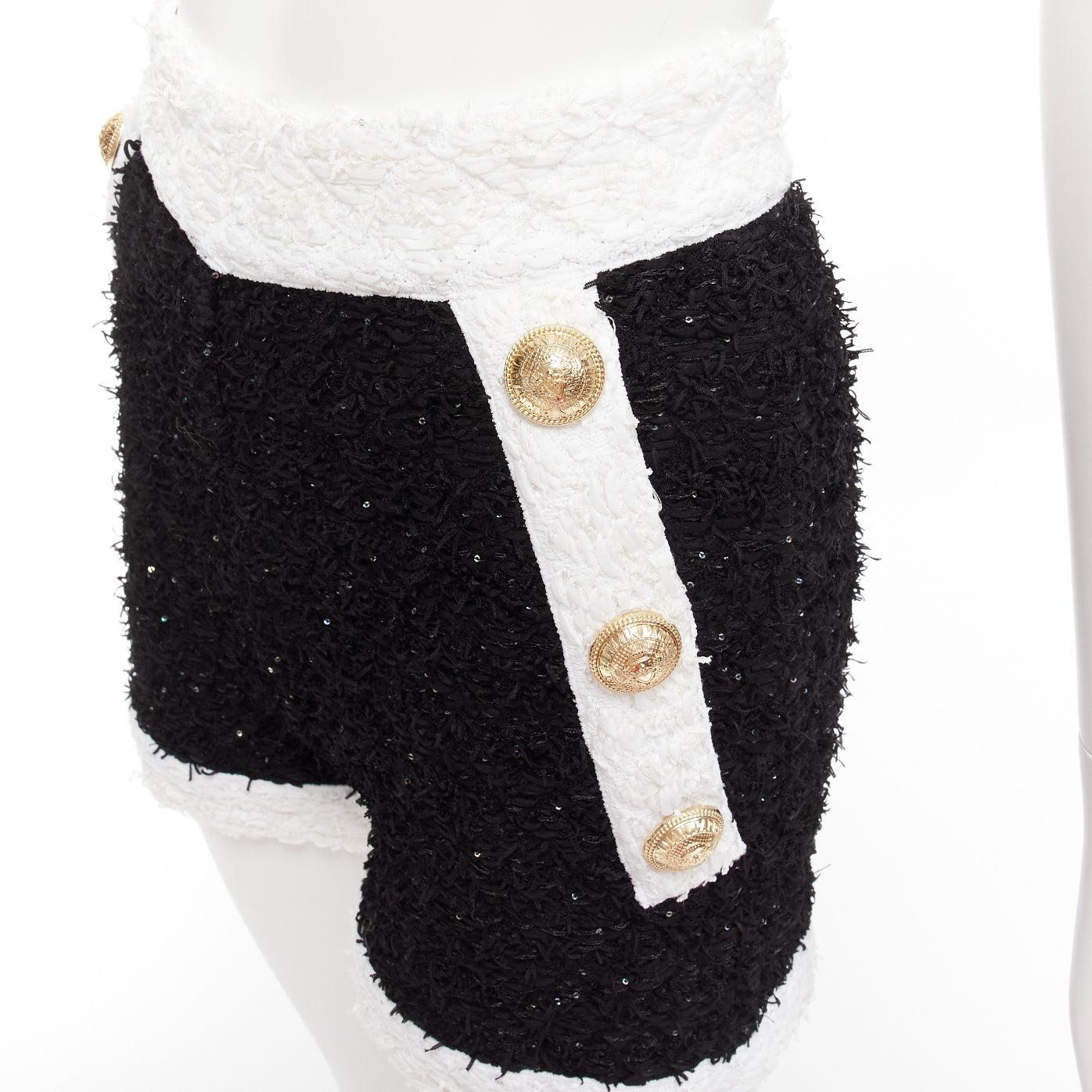 Black BALMAIN black white sequins tweed gold buttons zip high waisted shorts FR34 XS For Sale