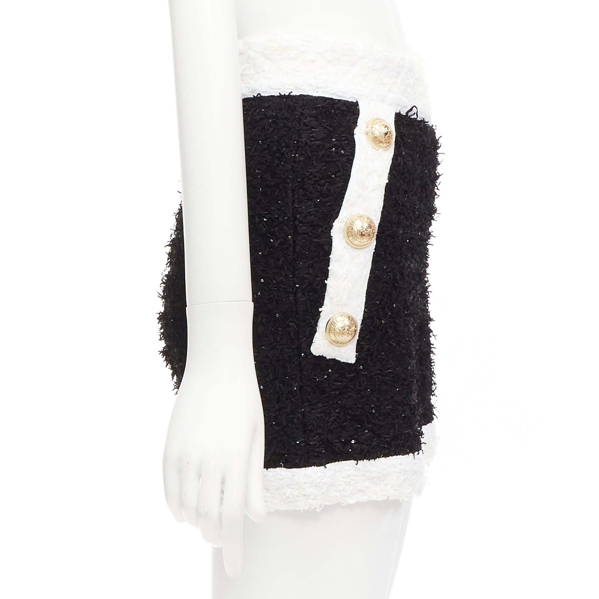 Women's BALMAIN black white sequins tweed gold buttons zip high waisted shorts FR34 XS For Sale