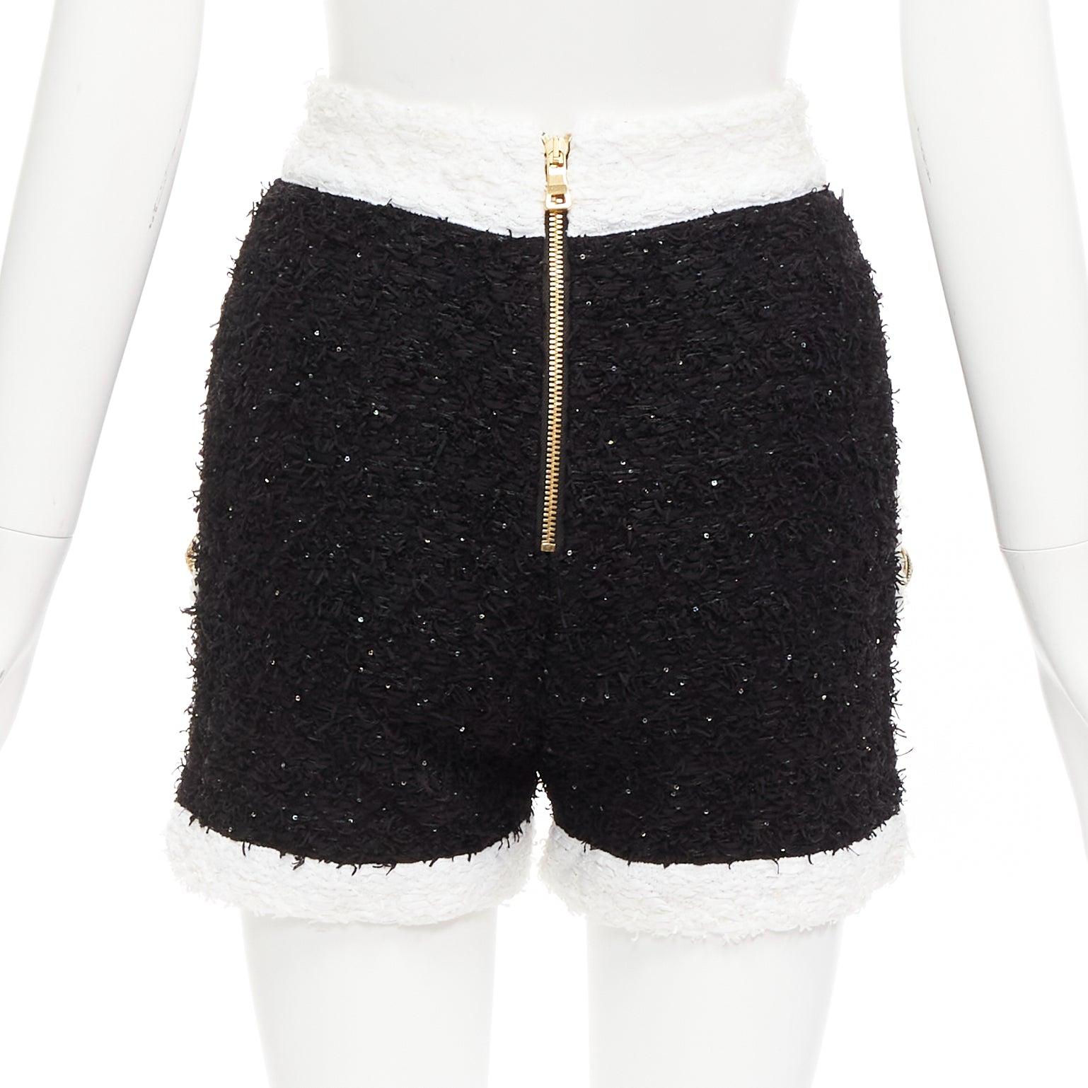 Women's BALMAIN black white sequins tweed gold buttons zip high waisted shorts FR34 XS For Sale