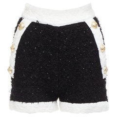 BALMAIN black white sequins tweed gold buttons zip high waisted shorts FR34 XS