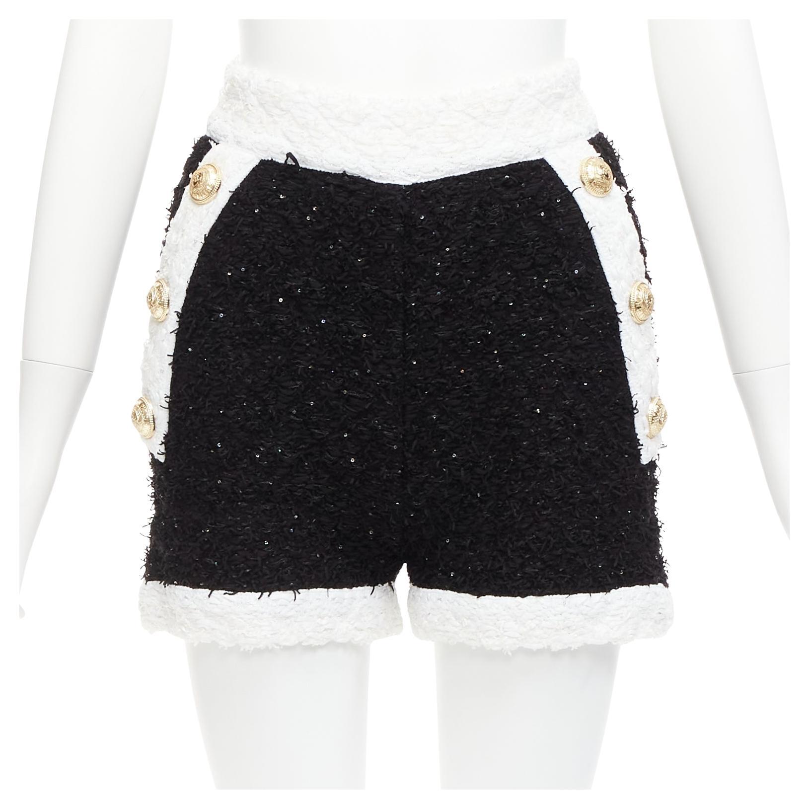 BALMAIN black white sequins tweed gold buttons zip high waisted shorts FR34 XS For Sale