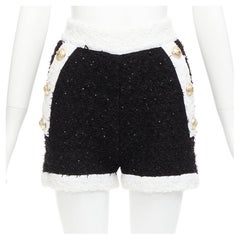 BALMAIN black white sequins tweed gold buttons zip high waisted shorts FR34 XS