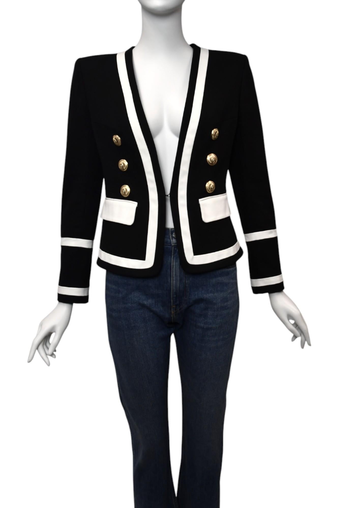 Nero Blazer doppiopetto Balmain con rifiniture bianche e nere  Taglia US 6 in vendita