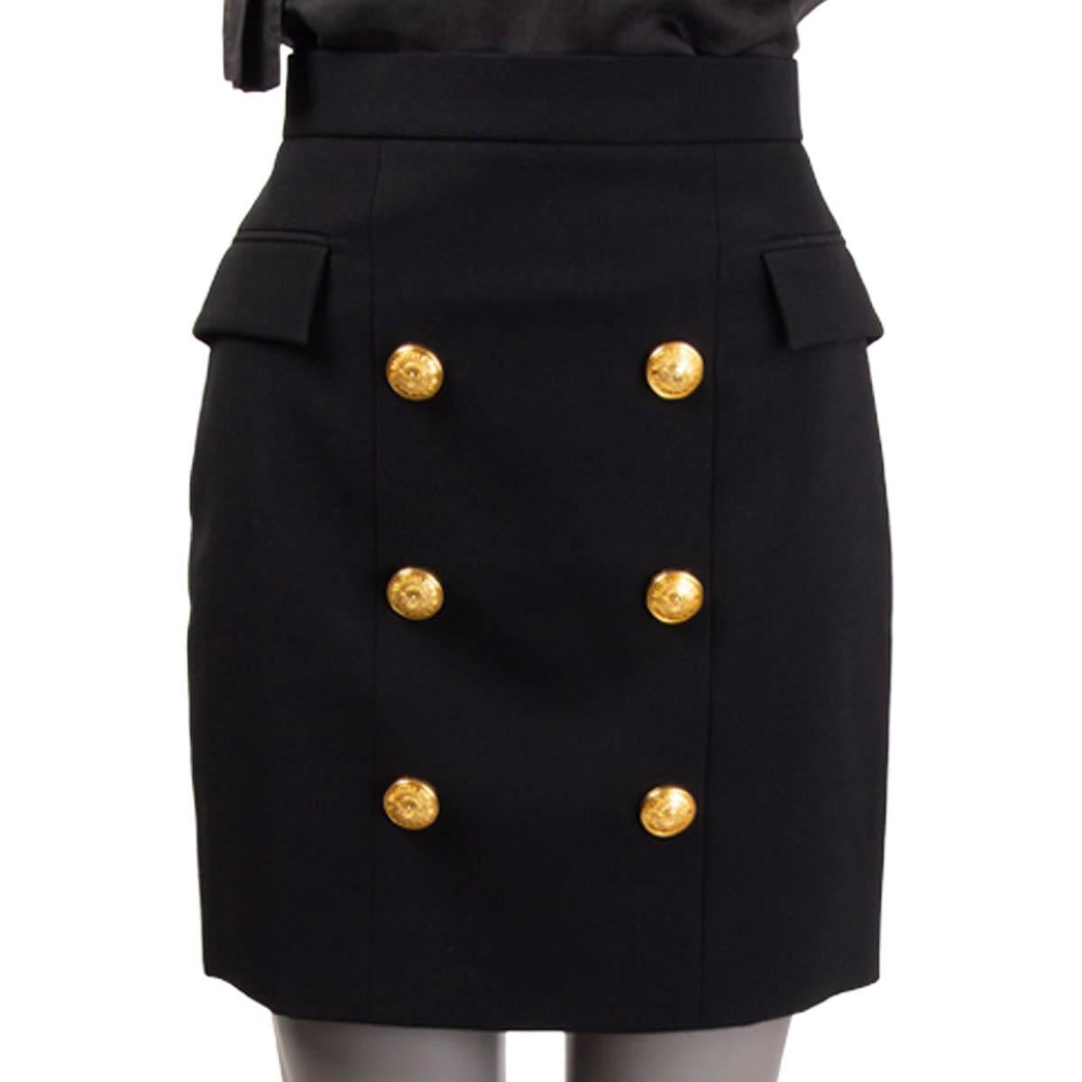 Black BALMAIN black wool BUTTONED HIGH WAISTED MINI Skirt 36 XS For Sale