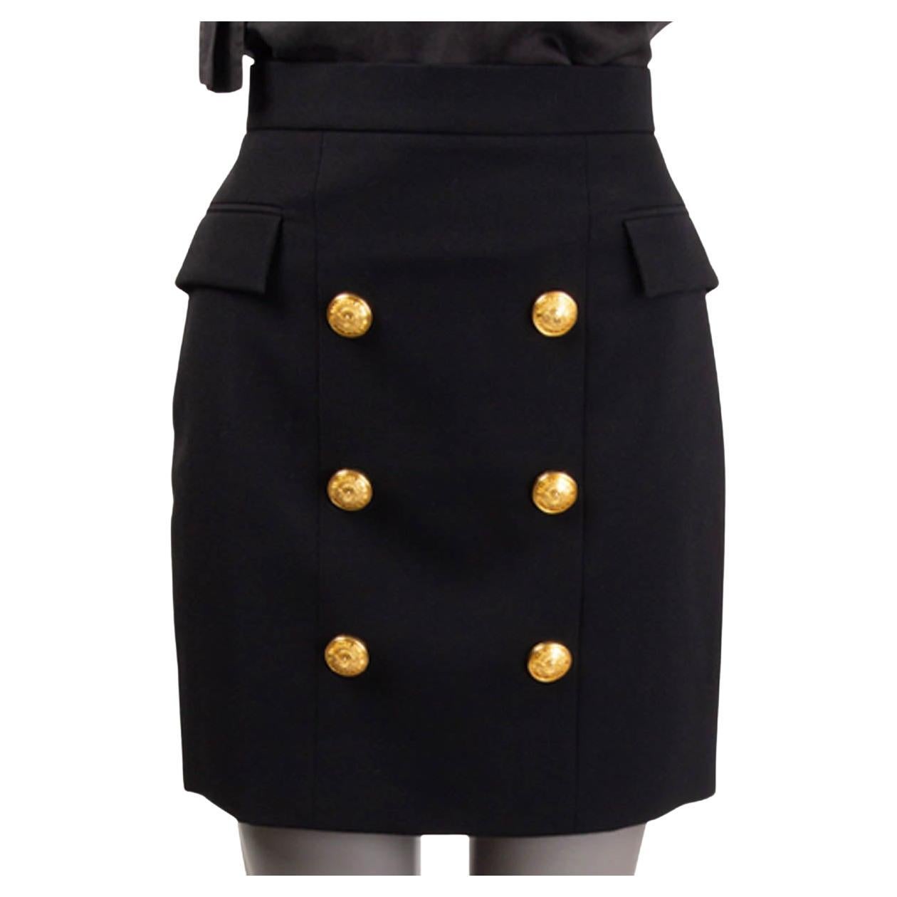 BALMAIN black wool BUTTONED HIGH WAISTED MINI Skirt 36 XS For Sale