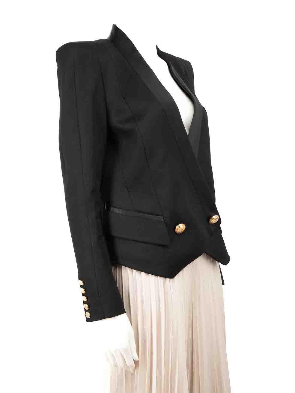 CONDITION is Very good. Minimal wear to blazer is evident. Minimal wear to the satin lapels with light plucking to the left on this used Balmain designer resale item.
 
 
 
 Details
 
 
 Black
 
 Wool
 
 Blazer
 
 Cropped length
 
 Double breasted
