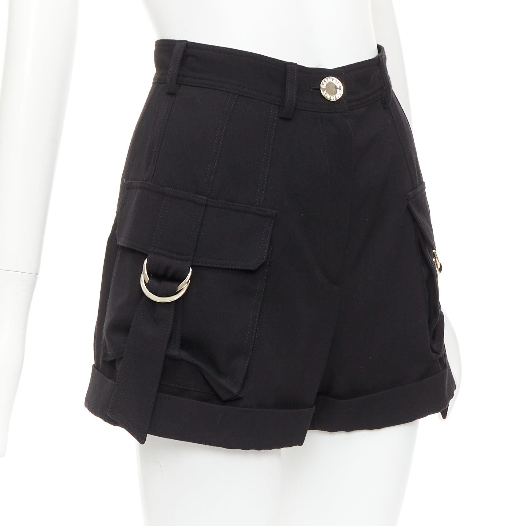 Black BALMAIN black wool gold logo button pocketed cargo shorts FR36 S For Sale
