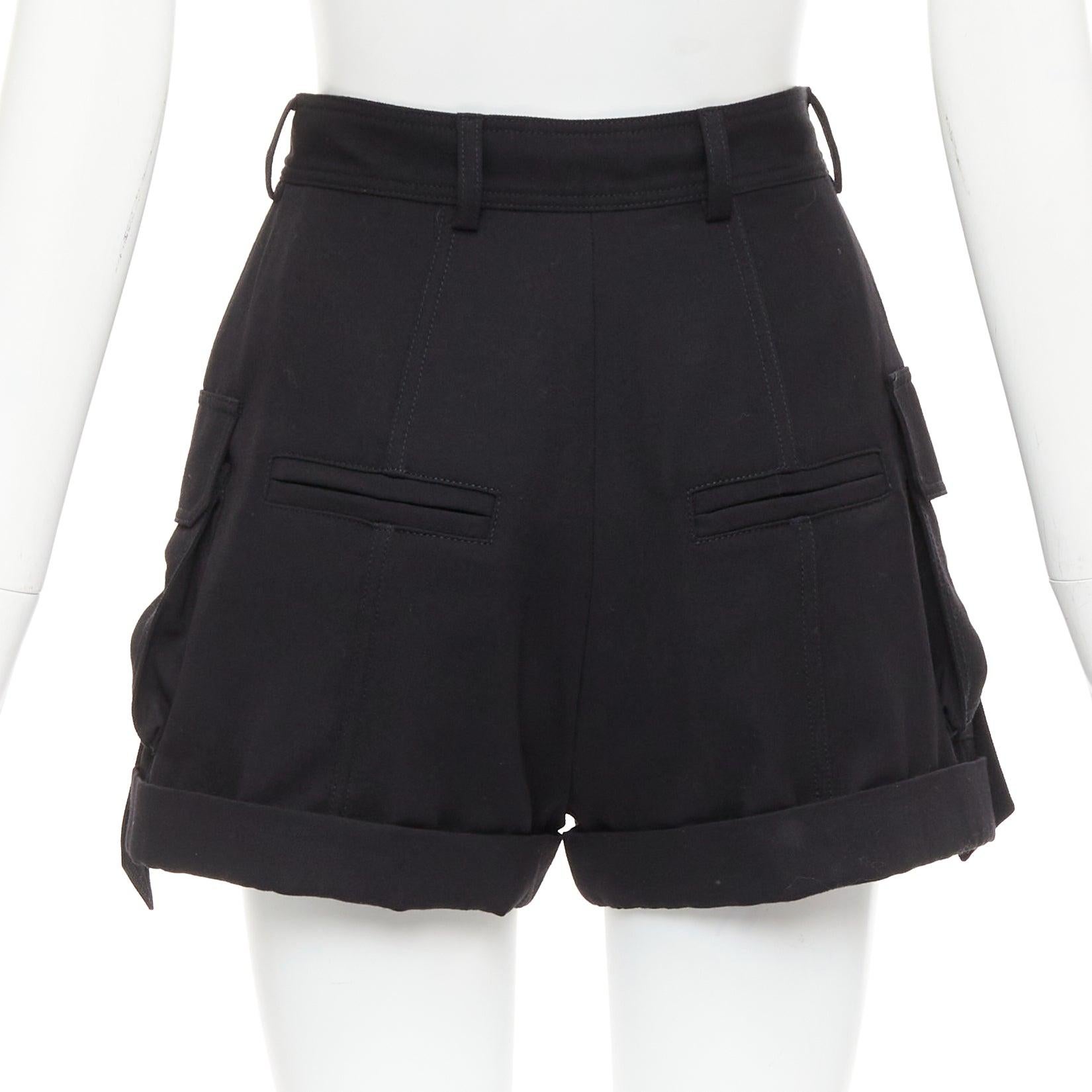 Women's BALMAIN black wool gold logo button pocketed cargo shorts FR36 S For Sale