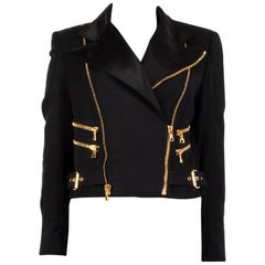 BALMAIN black wool SATIN TRIMMED BIKER Jacket 40