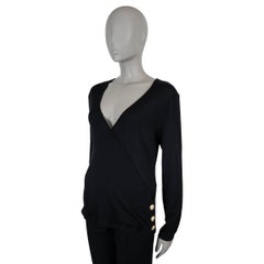 BALMAIN black wool & silk FAUX WRAP SIDE BUTTON Sweater 42 L
