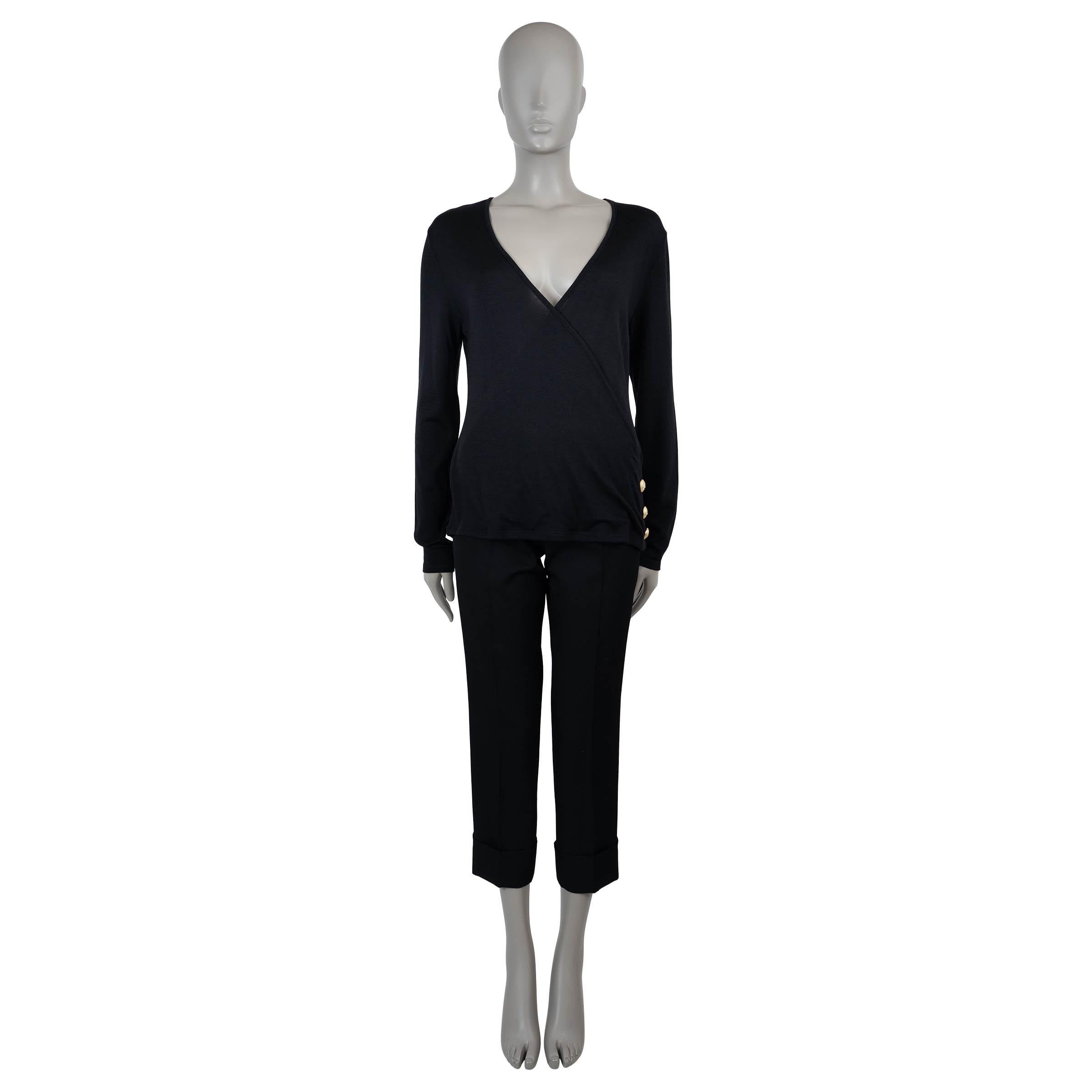BALMAIN noir laine et soie FAUX WRAP SIDE BUTTON Pull 42 L Excellent état - En vente à Zürich, CH
