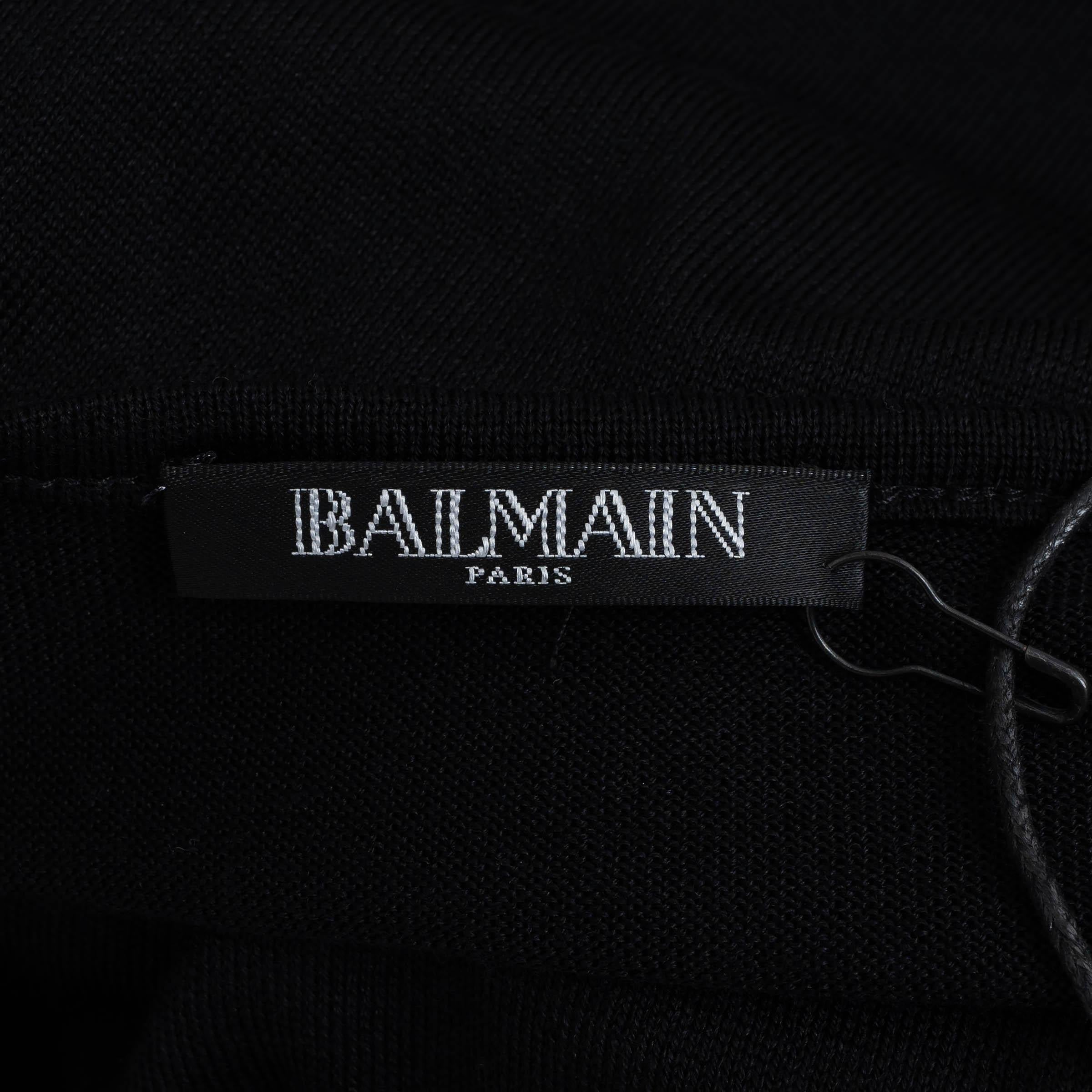 BALMAIN noir laine et soie FAUX WRAP SIDE BUTTON Pull 42 L en vente 2
