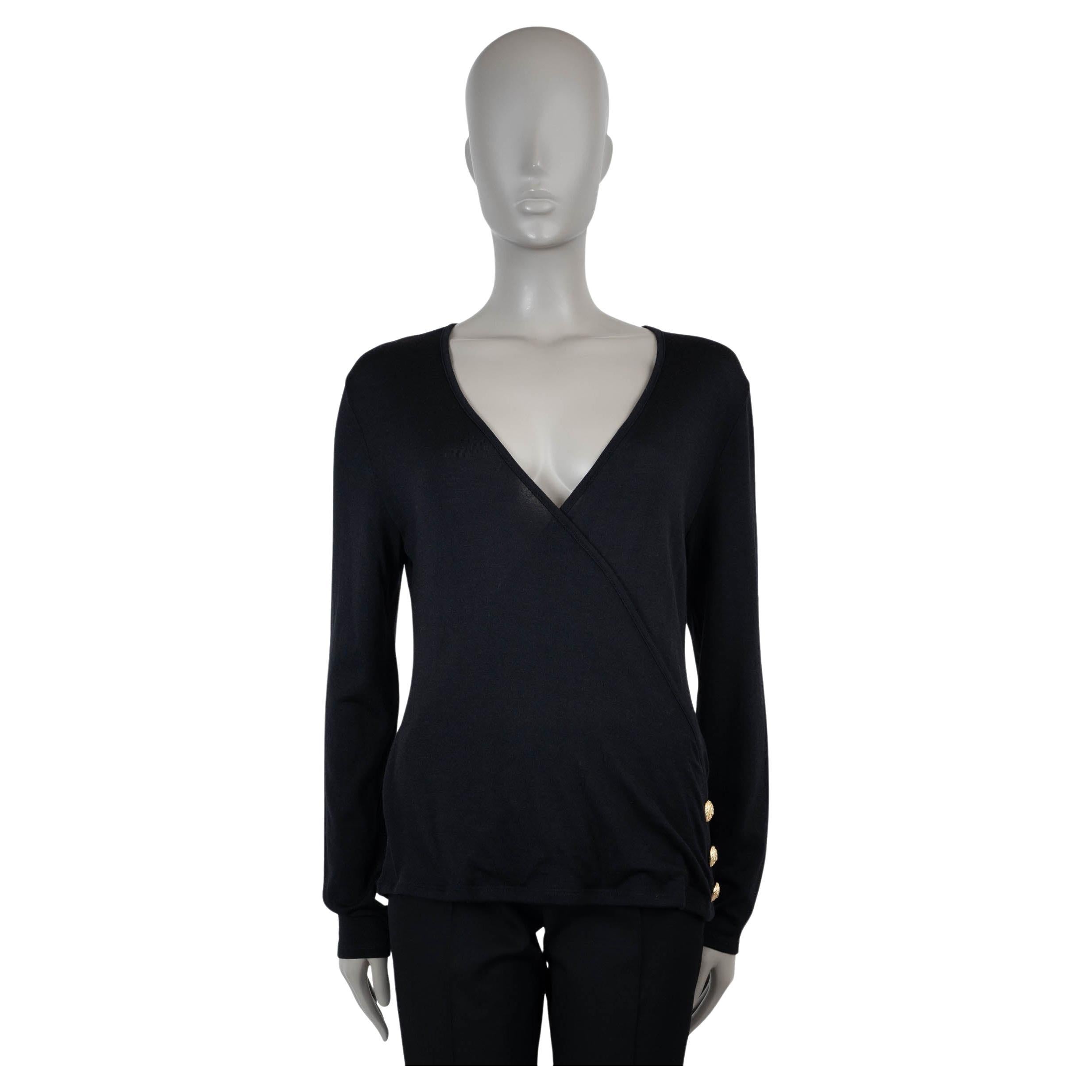 BALMAIN noir laine et soie FAUX WRAP SIDE BUTTON Pull 42 L