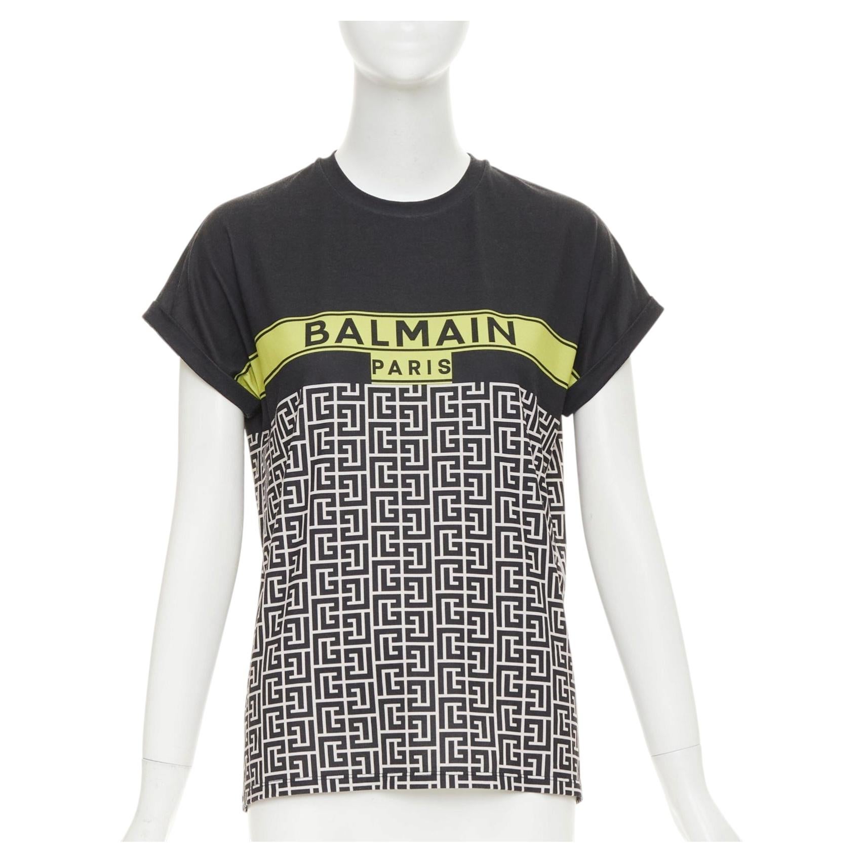 BALMAIN black yellow logo graphic printed rolled sleeves tshirt XS