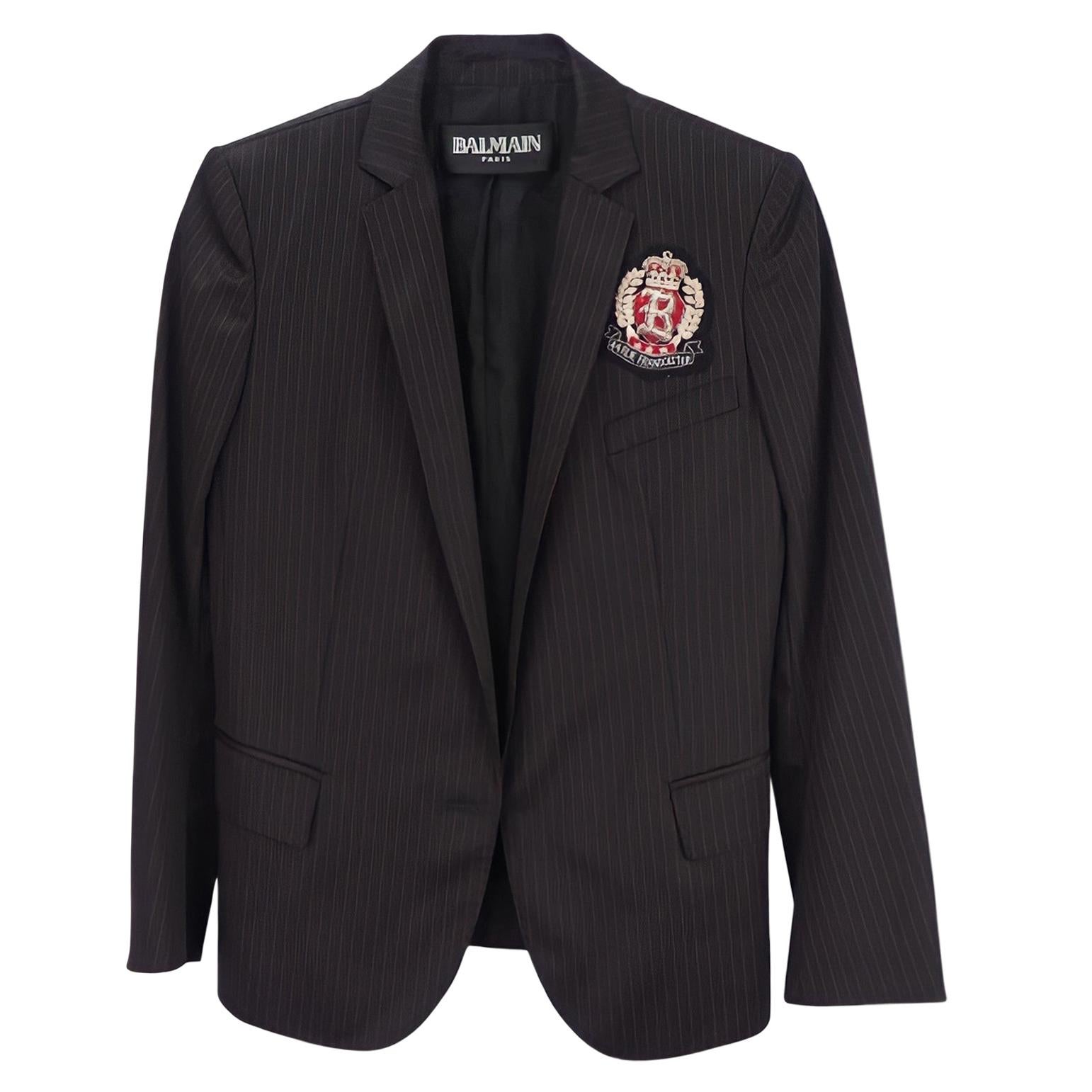 Balmain Blazer in Black Wool with Fine Red Stripes (Size 36) Extra Small
