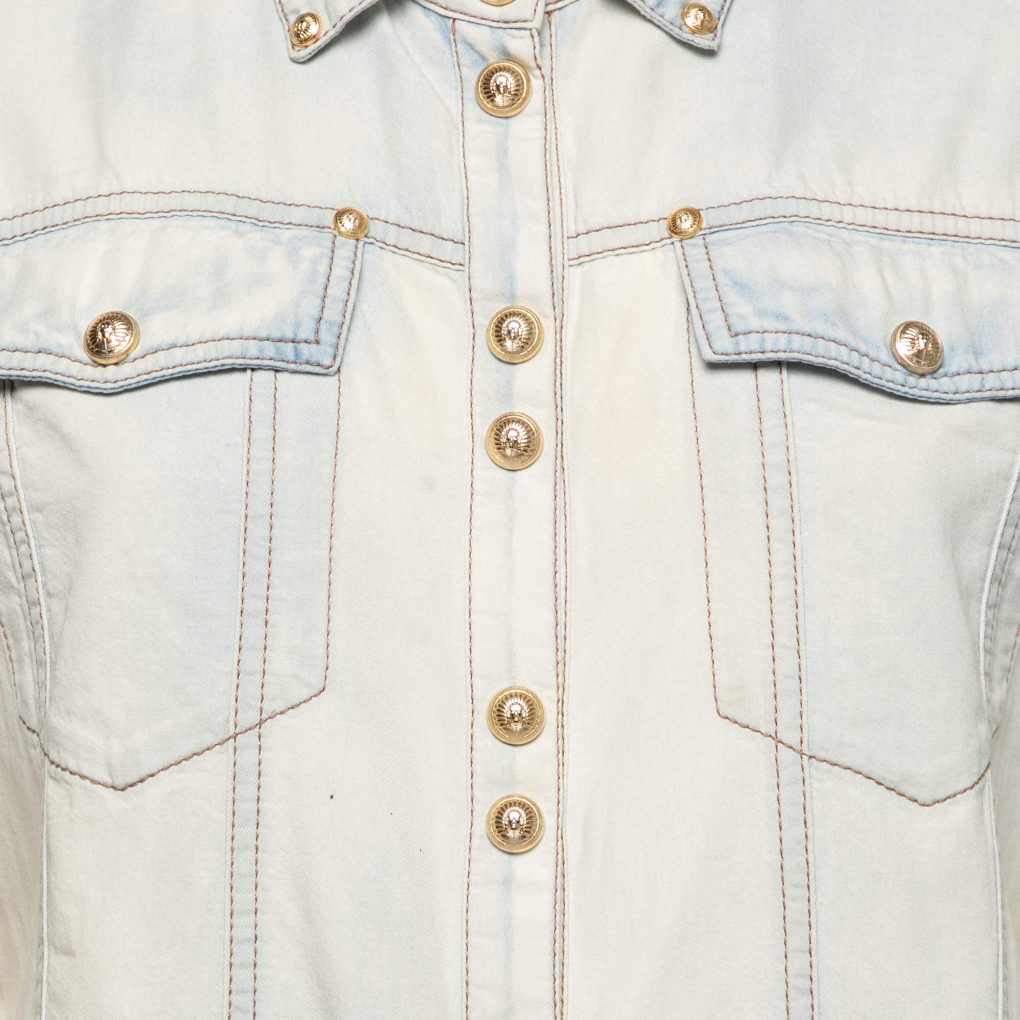 Women's Balmain Bleached Blue Denim Long Sleeve Button Front Shirt M For Sale