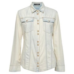 Balmain Camicia a maniche lunghe in denim blu sbiancato con bottoni davanti M