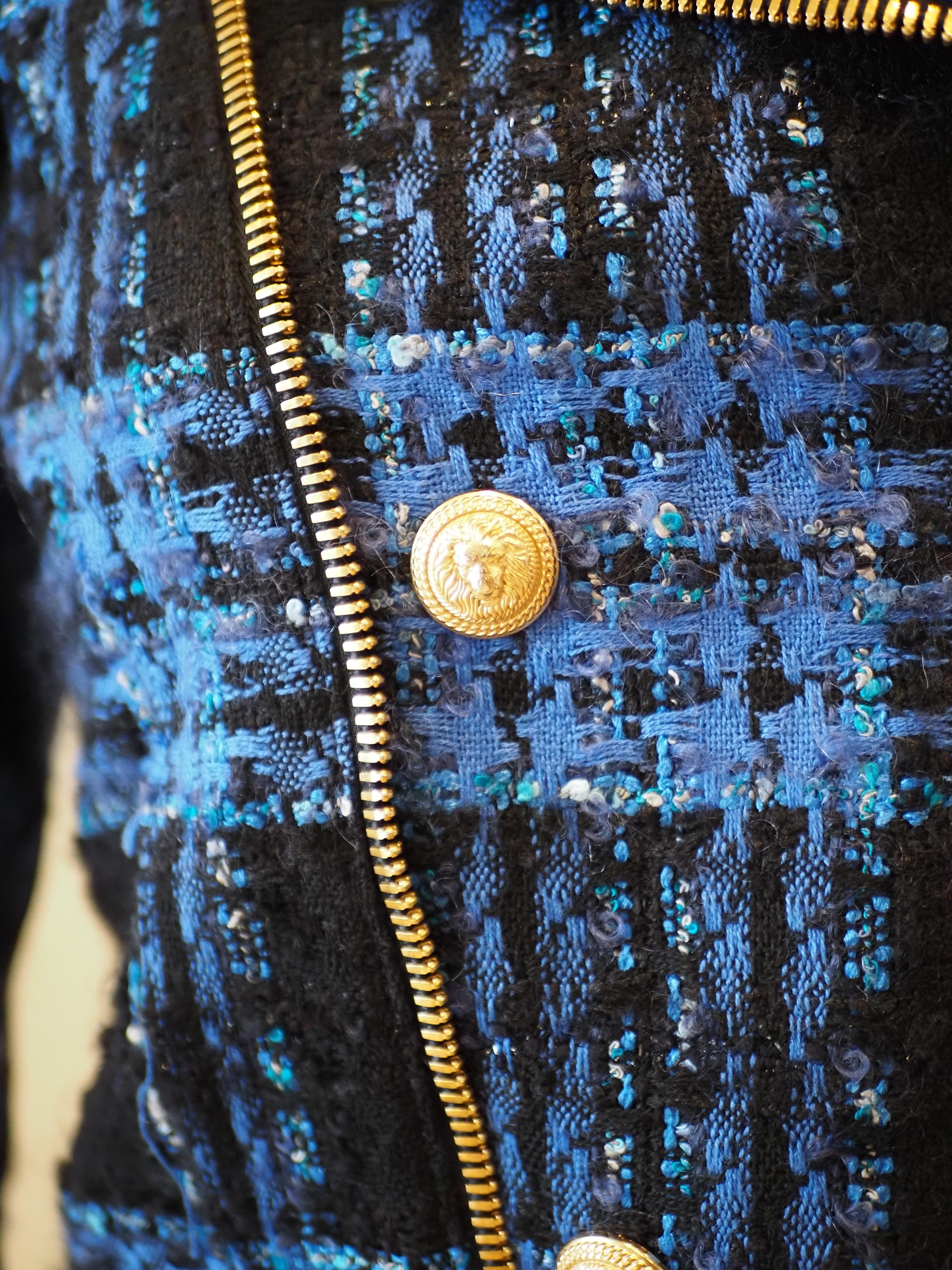 Balmain blue black lamb viscose jacket For Sale 9