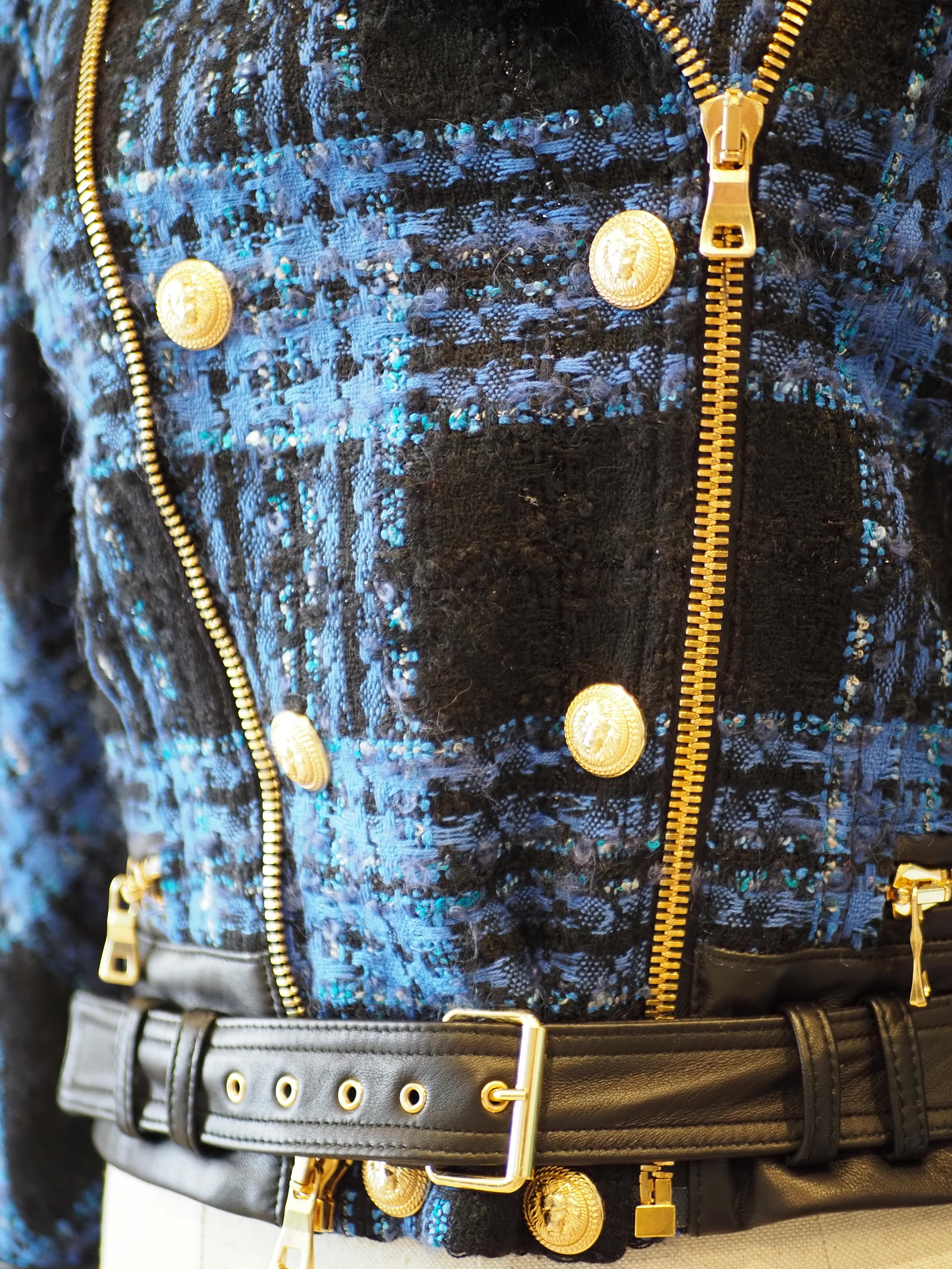 Balmain blue black lamb viscose jacket For Sale 10