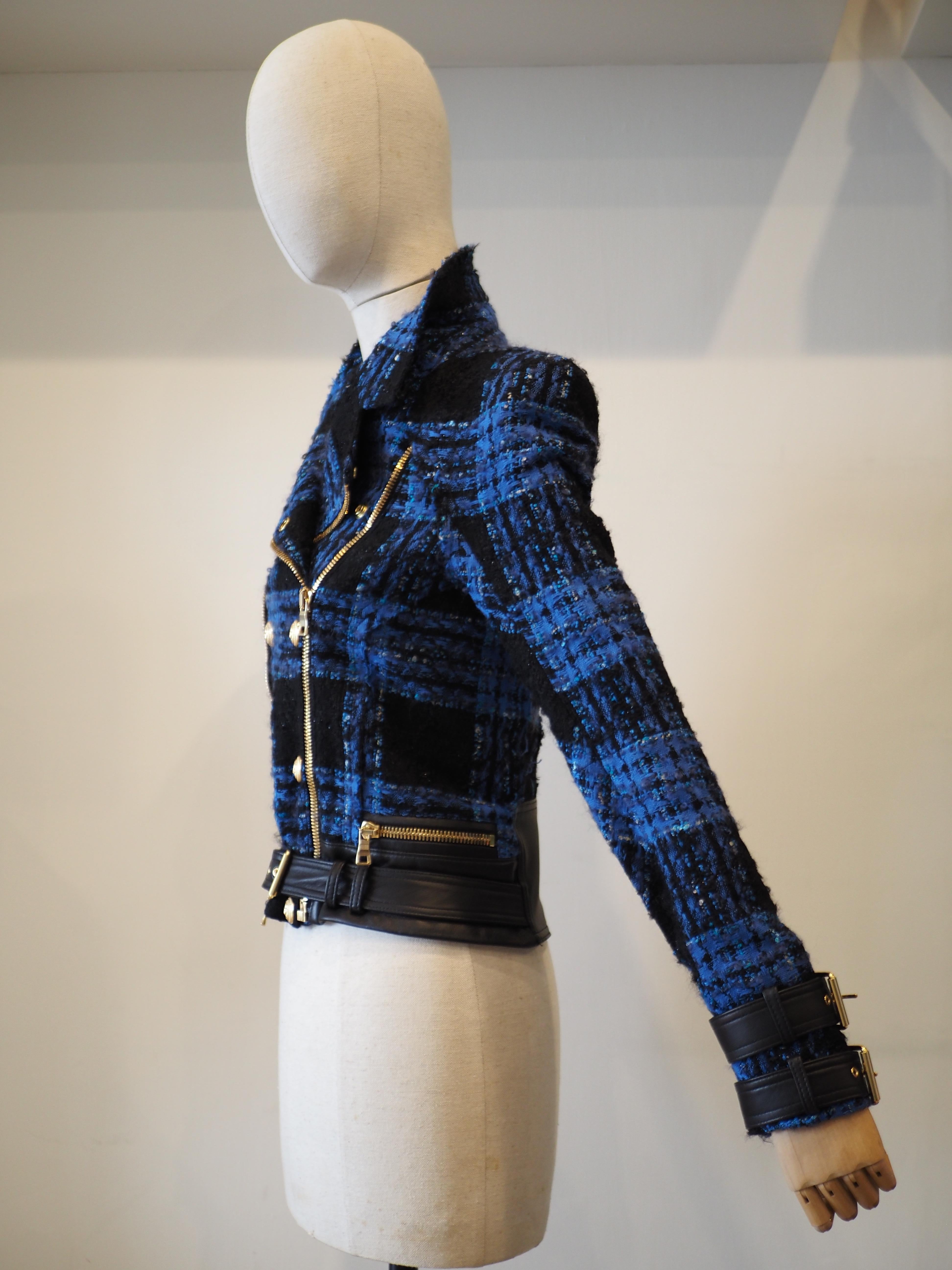 Balmain blue black lamb viscose jacket For Sale 12