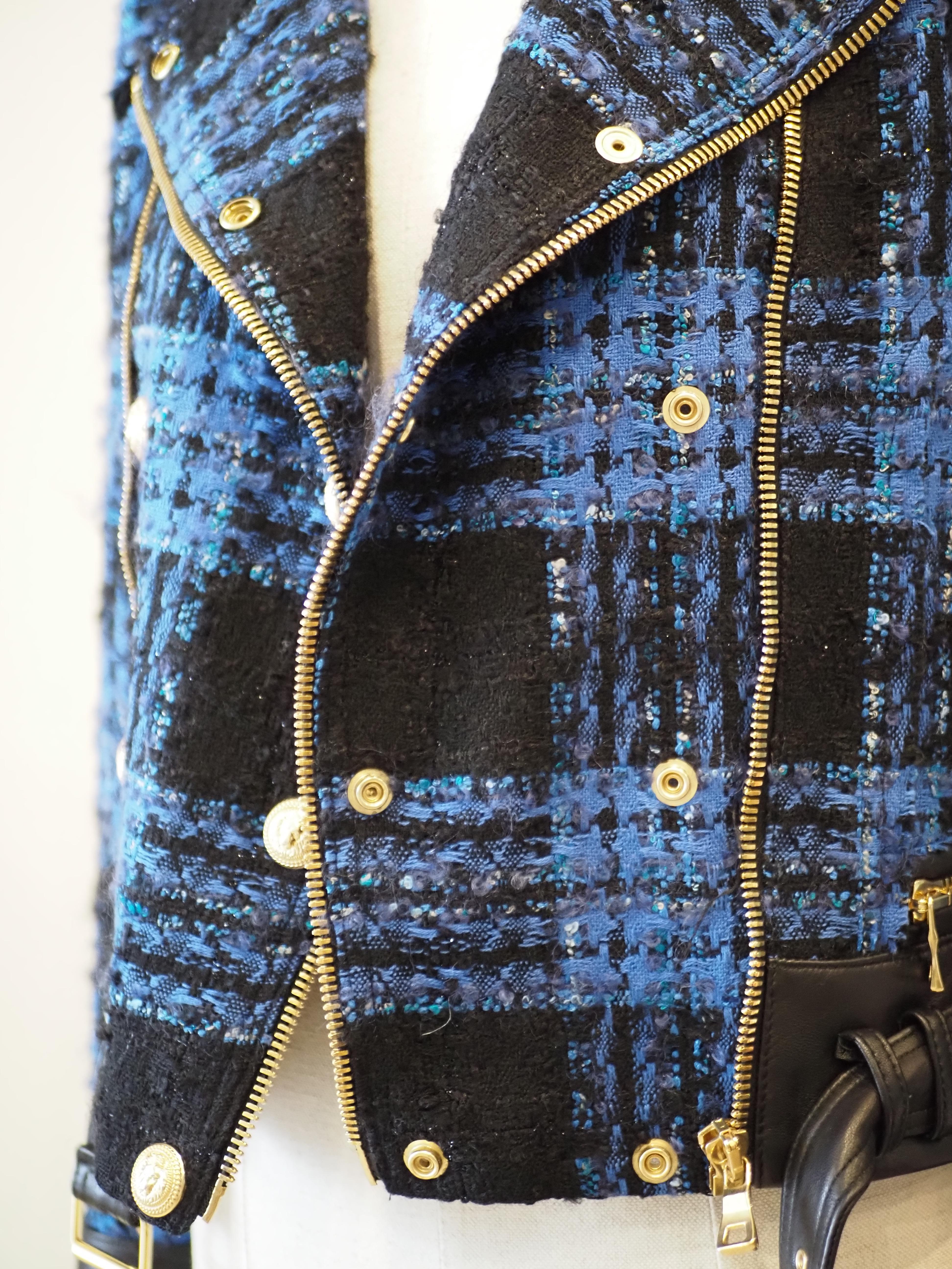 Balmain blue black lamb viscose jacket For Sale 4