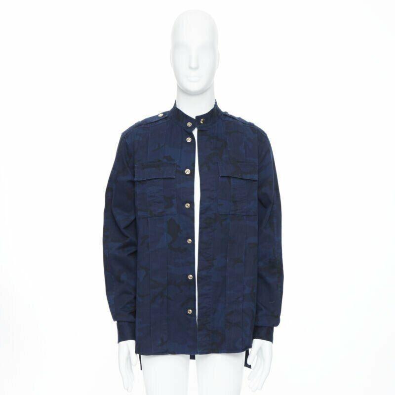 Black BALMAIN blue camouflage cotton gold button military shirt jacket  EU40 L For Sale