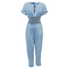 Balmain Blue Chambray Smocked Detail Jumpsuit S