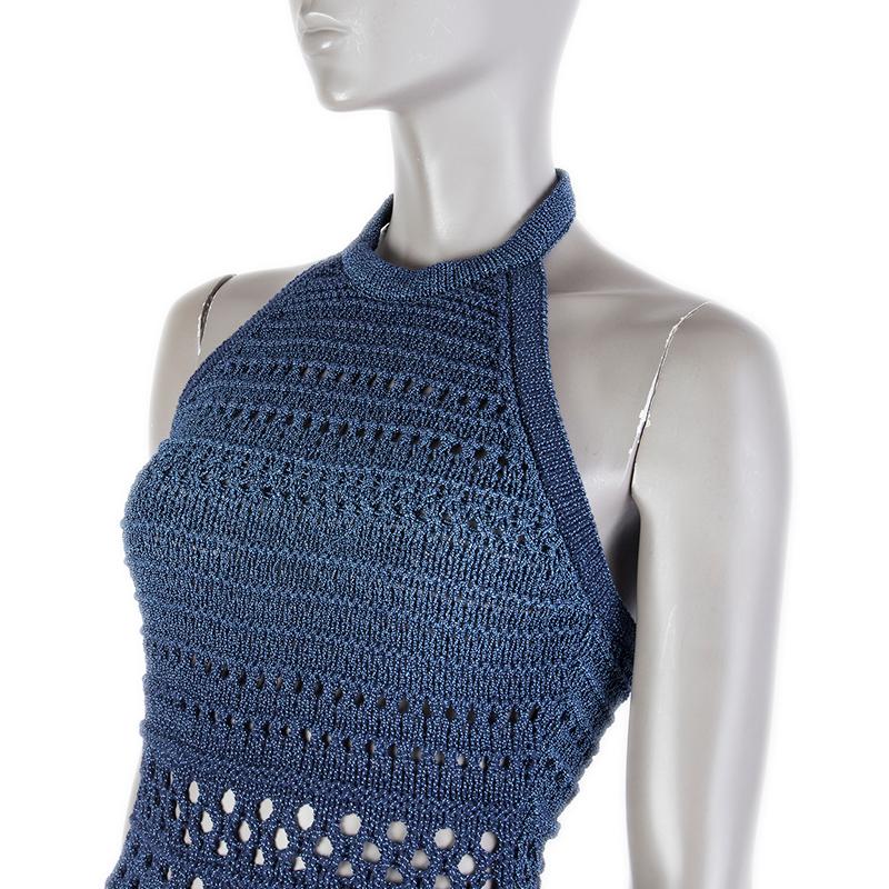 Balmain Resort '17 crochet halter dress in prussian blue cotton (85%) and viscose (15%). Closes with golden zipper on the back and two golden snaps behind the neck. Brand new.

Tag Size 38
Size S
Bust 76cm (29.6in) to 100cm (39in)
Waist 58cm