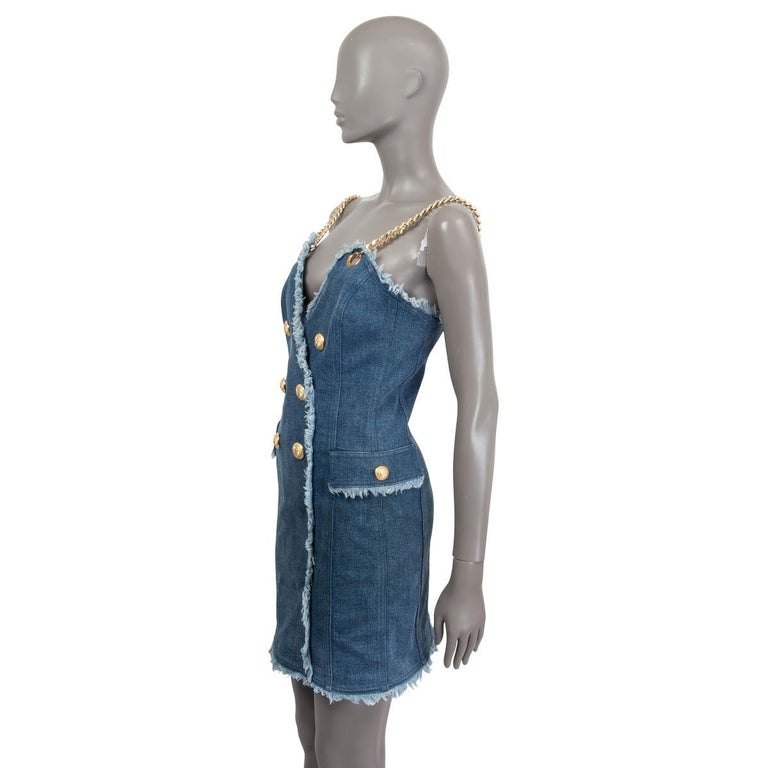 BALMAIN blue cotton CHAIN DENIM JEANS Dress 40 S For Sale at 1stDibs