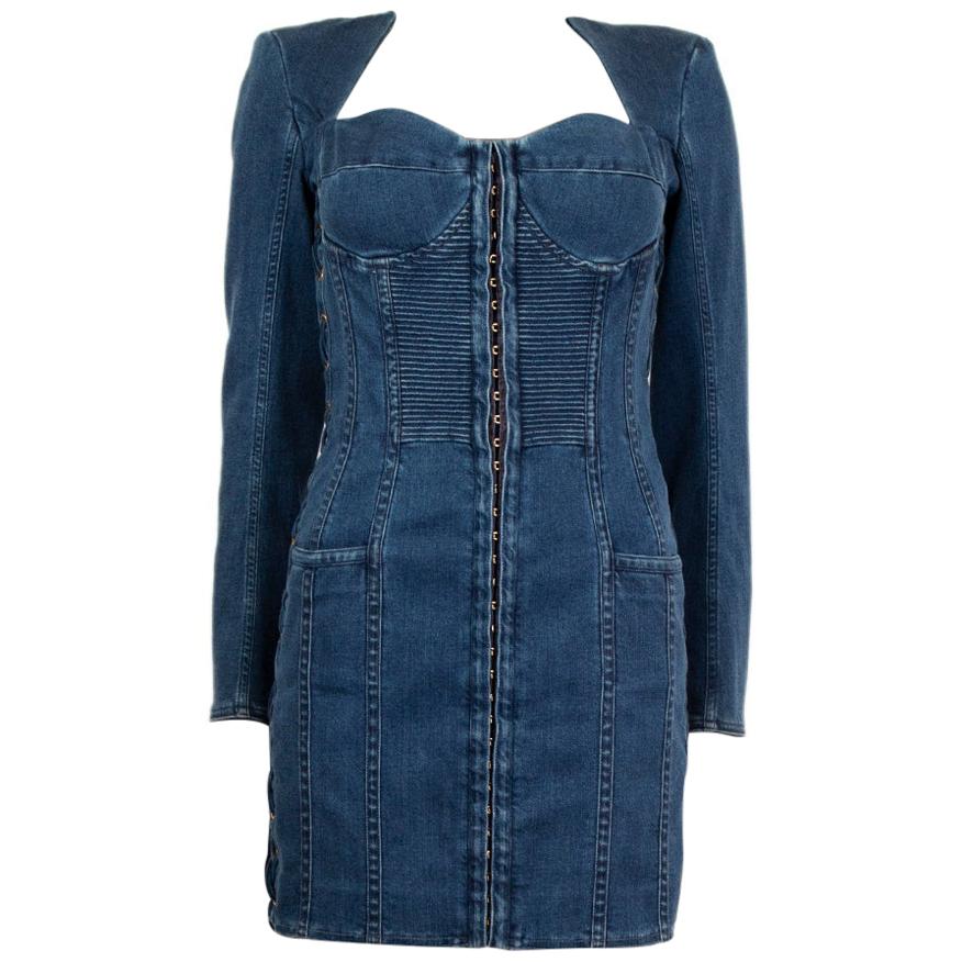 BALMAIN blue cotton denim JEANS LACE-UP MINI Dress 40