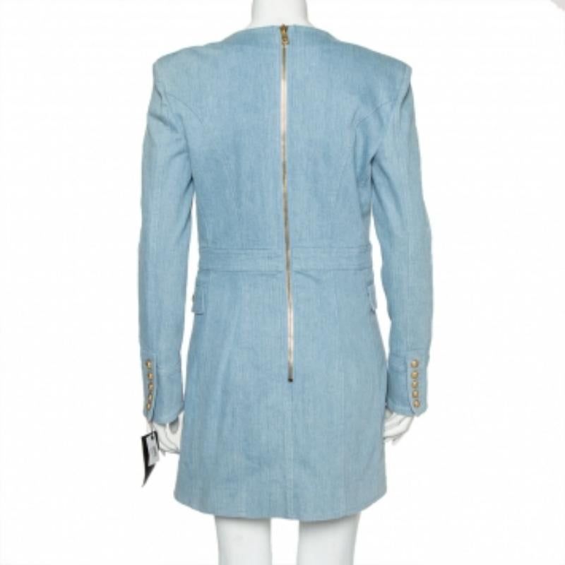 Balmain Blue Denim Double Breasted Mini Dress L In Good Condition For Sale In Dubai, Al Qouz 2