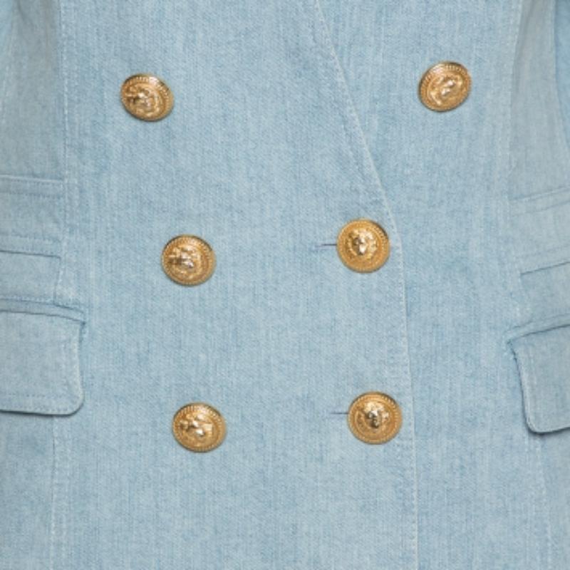 Balmain Blue Denim Double Breasted Mini Dress L For Sale 2