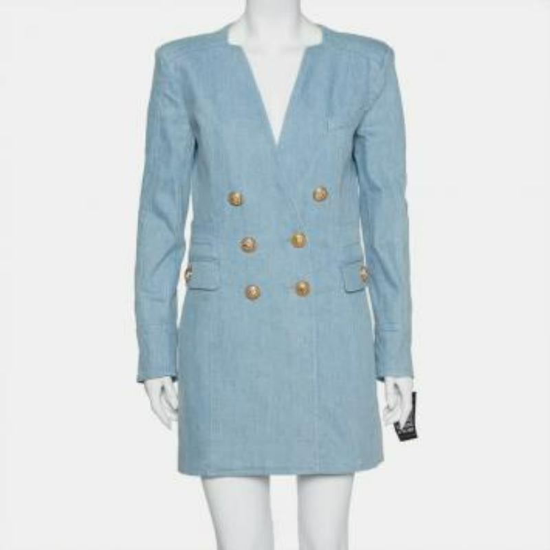 Balmain Blue Denim Double Breasted Mini Dress L For Sale 3