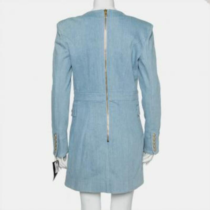 Balmain Blue Denim Double Breasted Mini Dress L For Sale 5