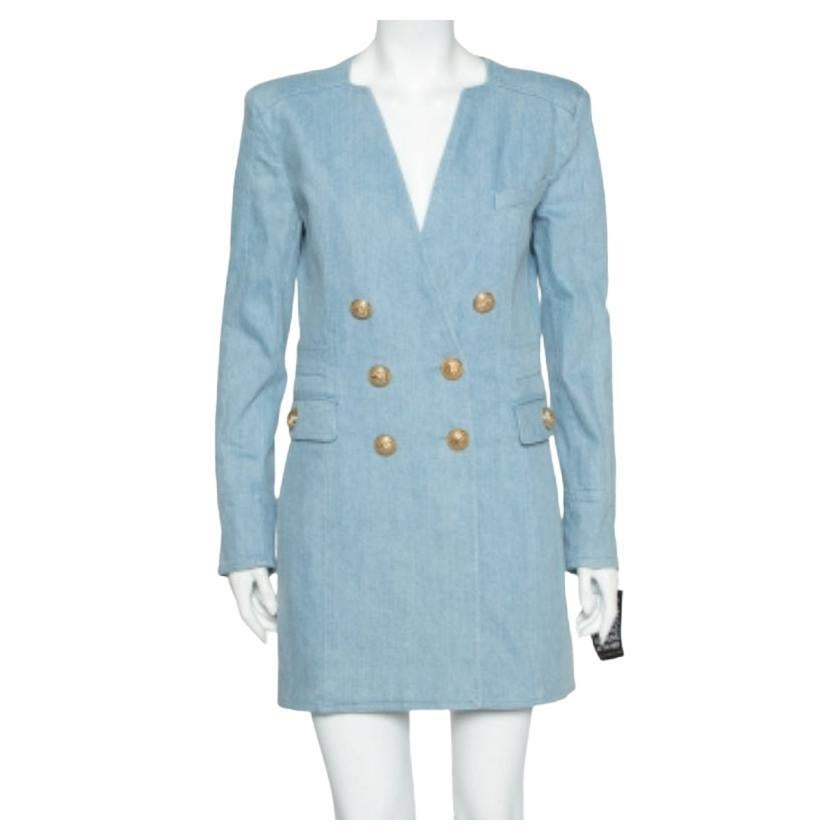 Balmain Blue Denim Double Breasted Mini Dress L For Sale