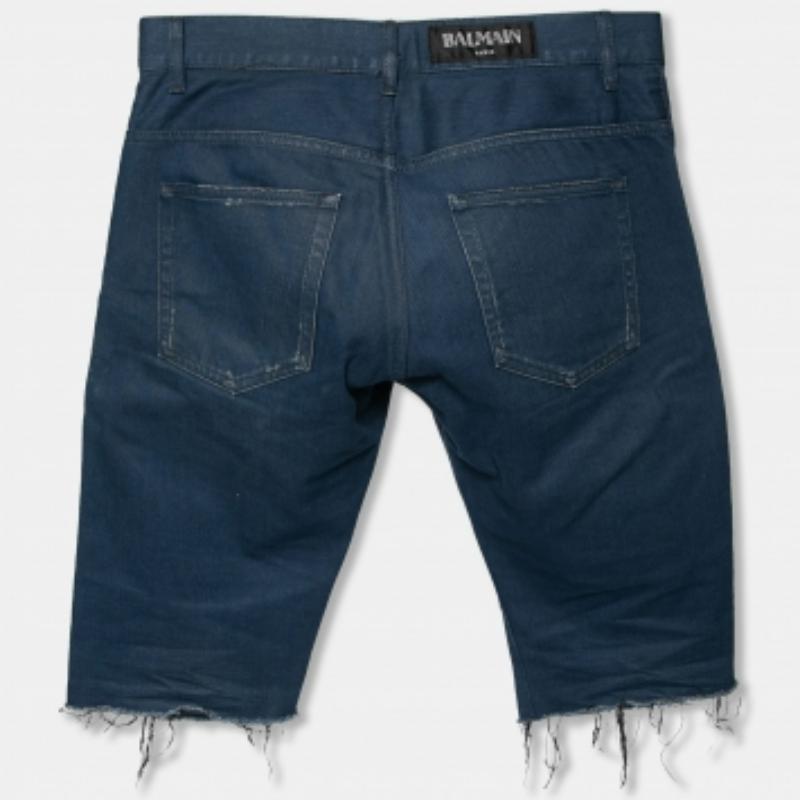Balmain Blue Denim Frayed Edged Shorts M In Good Condition For Sale In Dubai, Al Qouz 2