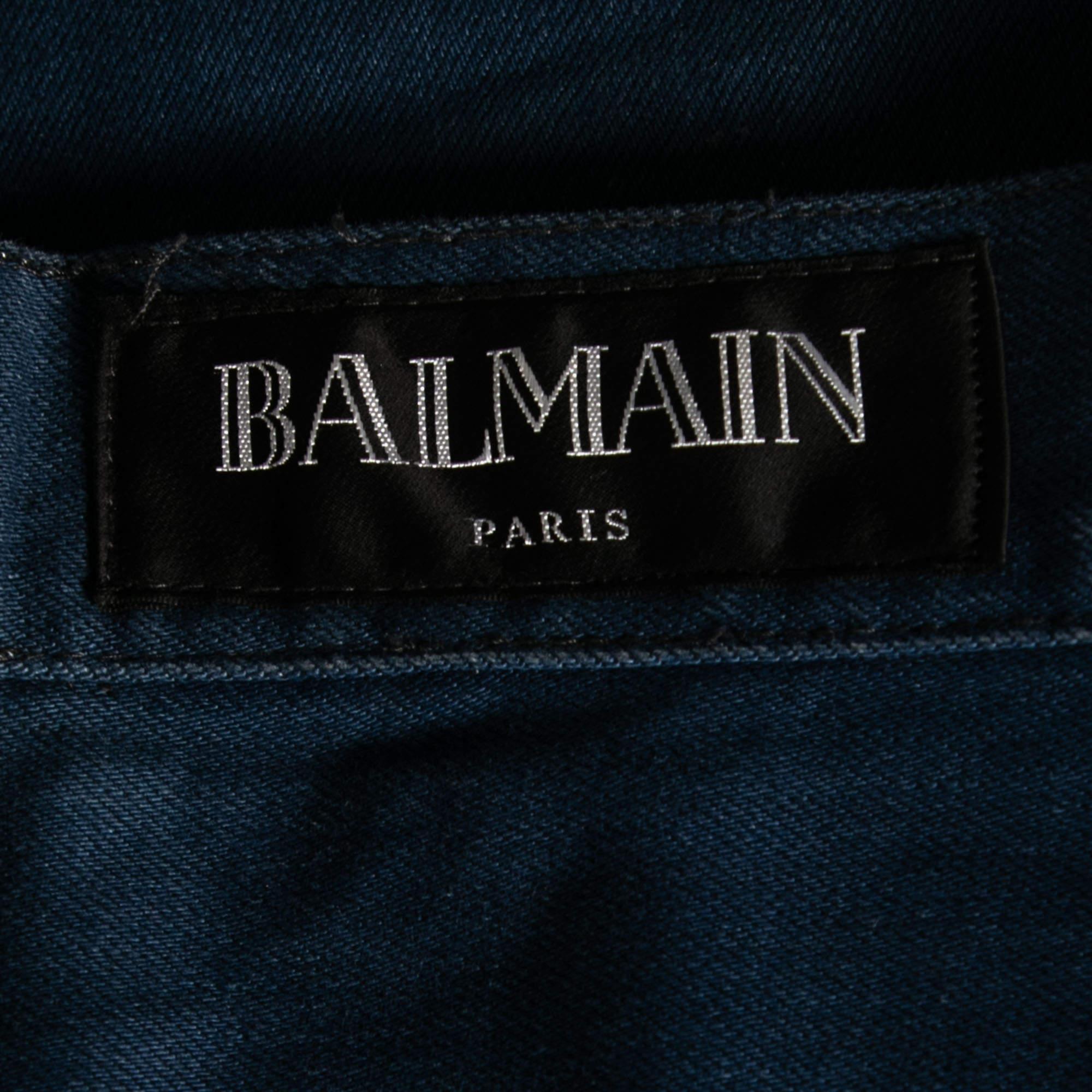 Black Balmain Blue Denim Frayed Edged Shorts M For Sale