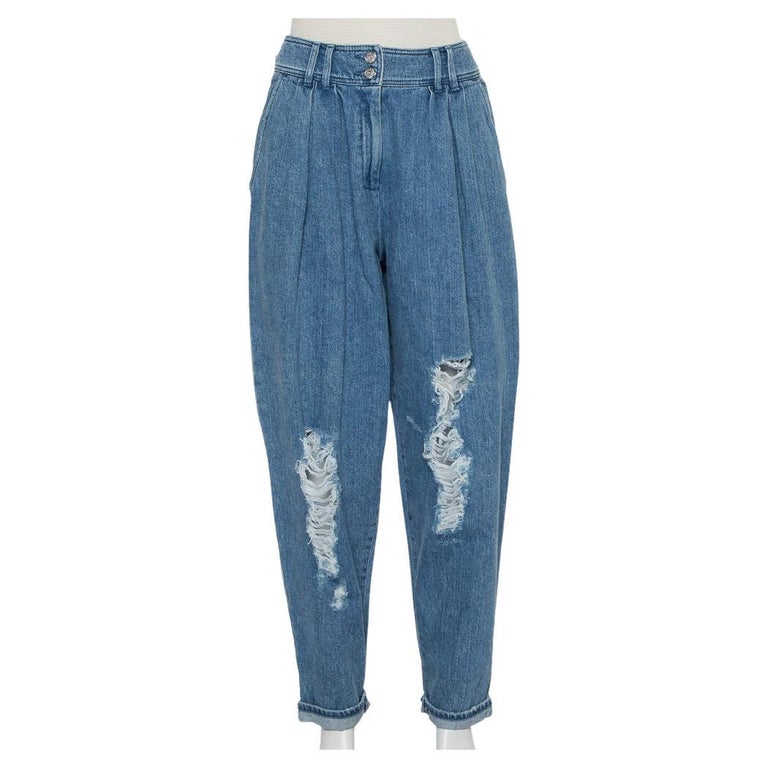 Balmain Blue Denim High Waist Destroyed Jeans L For Sale at 1stDibs