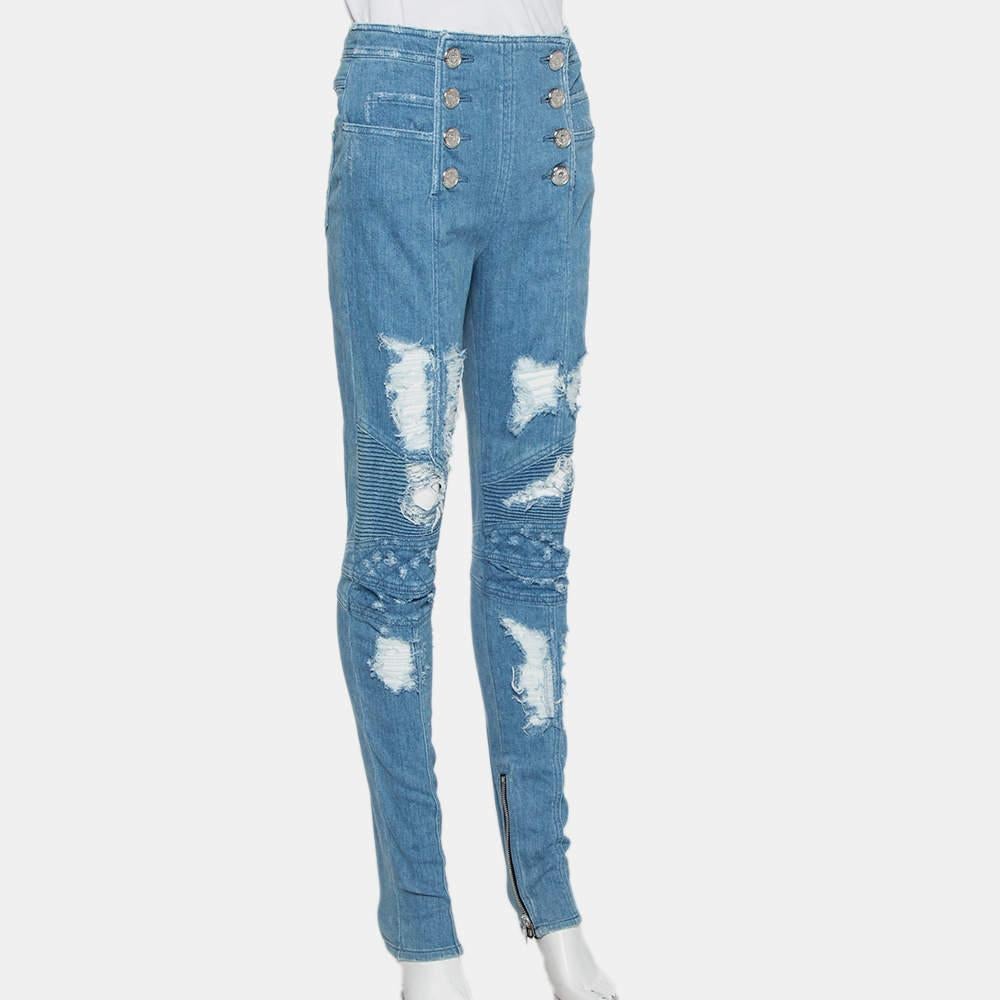Balmain Blue Denim High Waist Distressed Jeans M In Good Condition For Sale In Dubai, Al Qouz 2