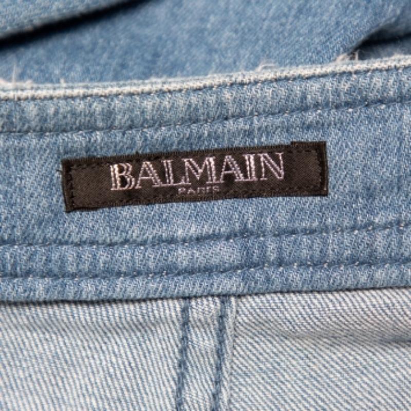 Women's Balmain Blue Denim High Waist Distressed Jeans M For Sale