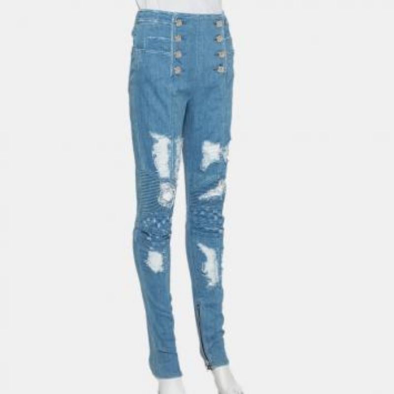 Balmain Blue Denim High Waist Distressed Jeans M For Sale 3