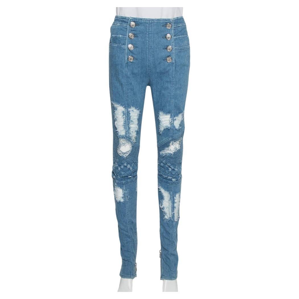 Balmain Blue Denim High Waist Distressed Jeans M For Sale
