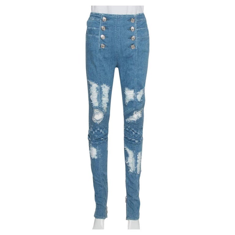 Balmain Blue Denim High Waist Distressed Jeans M For Sale at 1stDibs