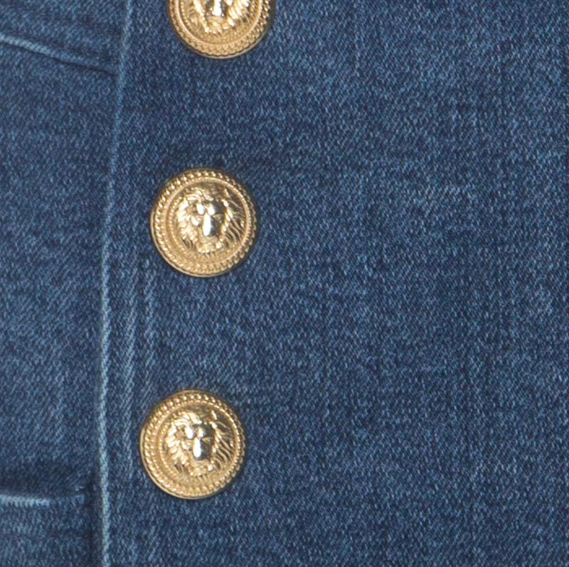 Purple Balmain Blue Denim Medium Wash Gold Button Detail High Waist Flared Jeans S