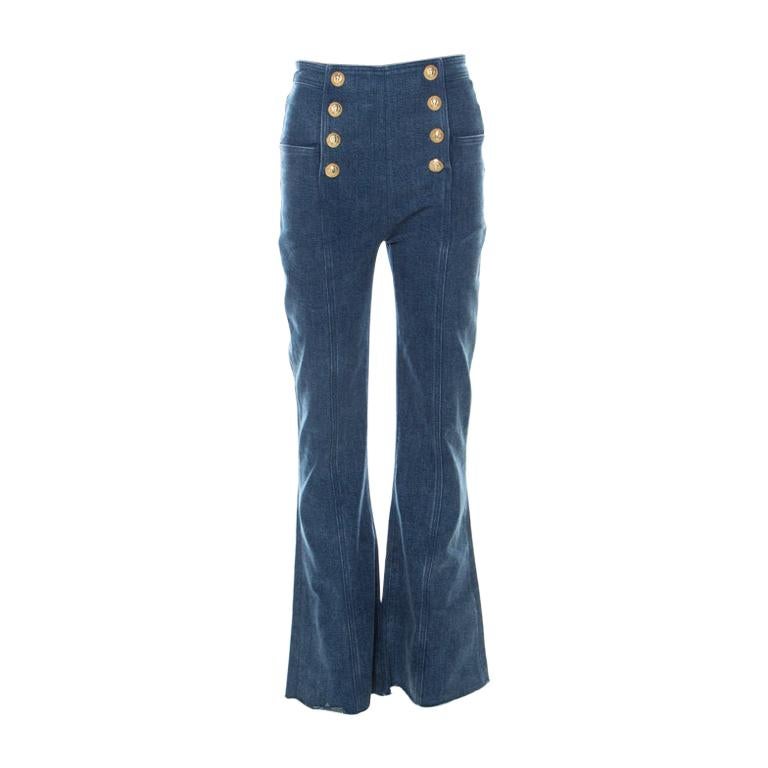 Womens's High Waisted Jeans With Gold Button Detail Mid Wash Denim