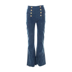Used Balmain Blue Denim Medium Wash Gold Button Detail High Waist Flared Jeans S