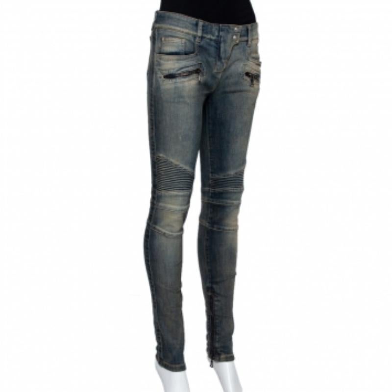 Black Balmain Blue Denim Quilted Detail Faded Effect Biker Jeans M For Sale