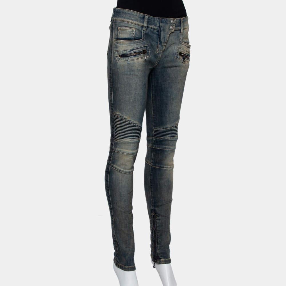 Nero Balmain Jeans Biker effetto sbiadito con dettaglio trapuntato blu M